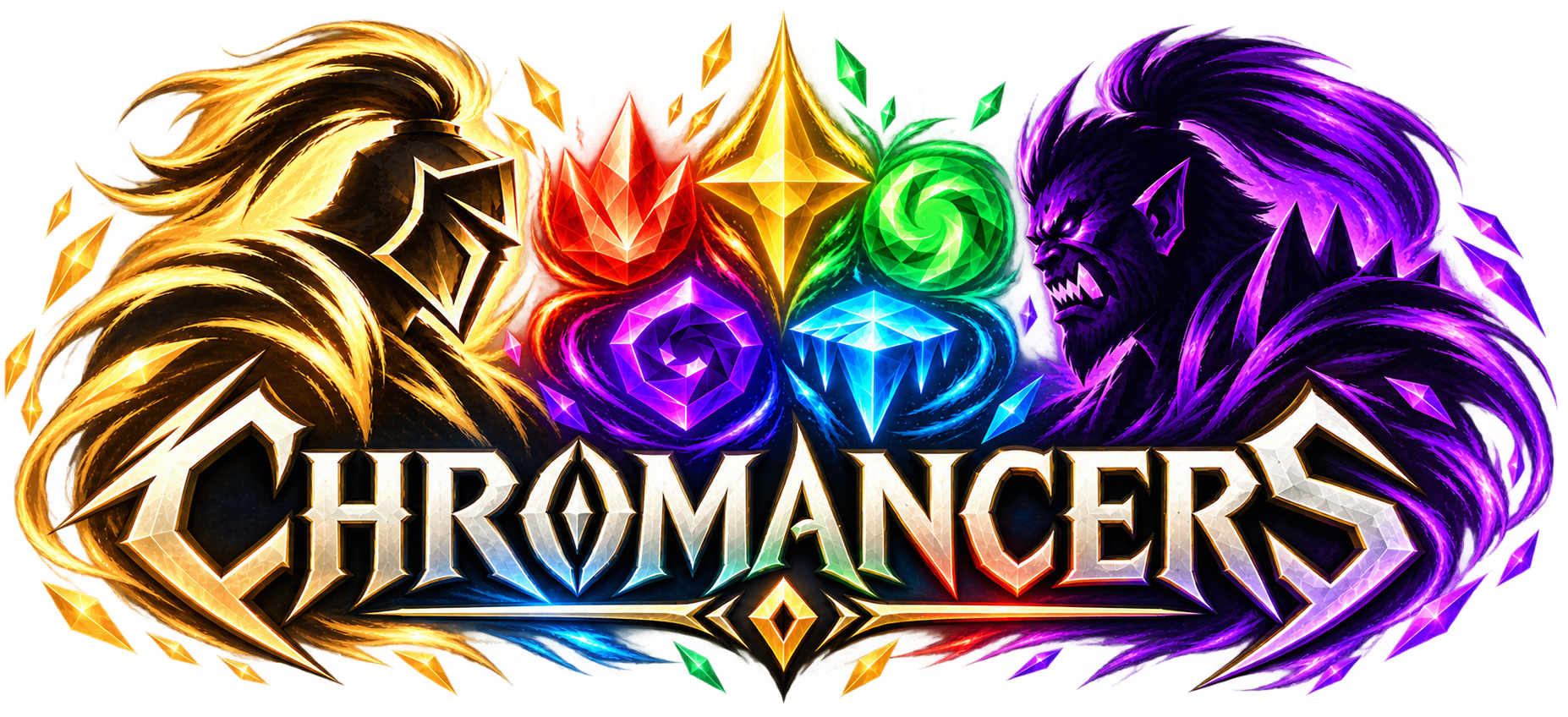 Chromancers title surrounded by a golden knight, elemental gems, and a purple monster.